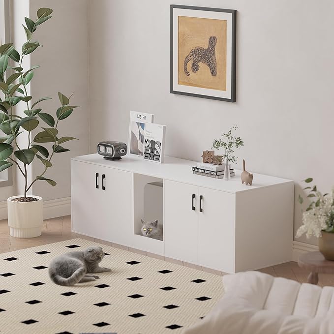 Cat Litter Box Enclosure for 2 Cats,cat Litter Box Enclosure Furniture with Double Room,Stackable,Indoor，Large cat Cabinet,pet House Side Coffee Table,White and Black (White)