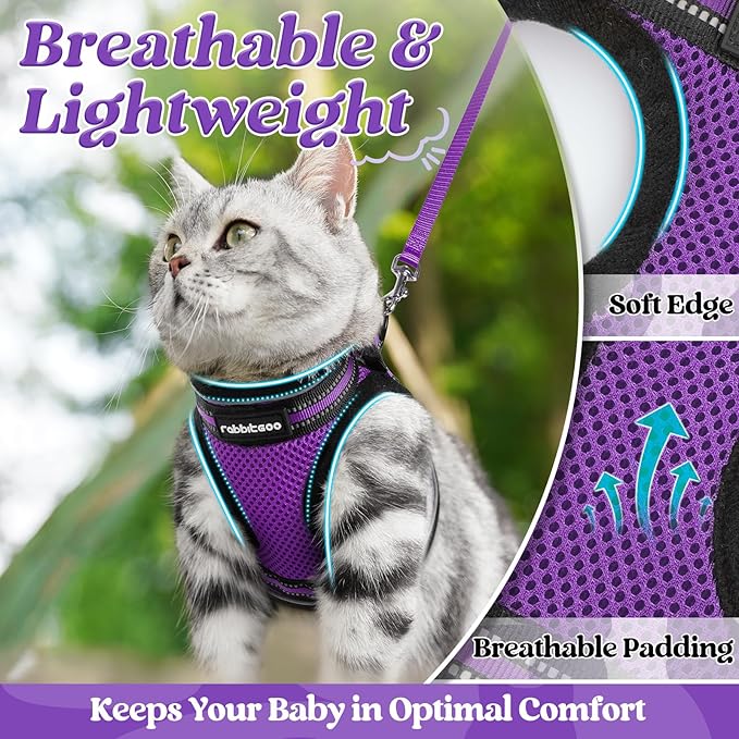 rabbitgoo Cat Harness and Leash Set for Walking Escape Proof, Adjustable Soft Kittens Vest with Reflective Strip for Cats, Comfortable Outdoor Vest, Purple, M