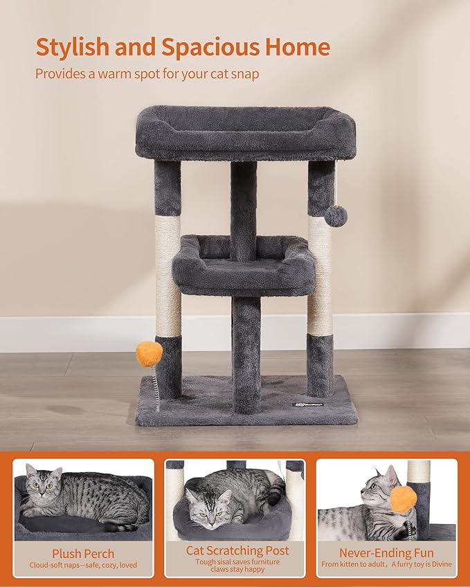 FourFurPets 27.6-Inch Cat Tree, Cat Tower for Indoor Cats, Cat Condo for Large Cats, Small Cat Tree with Scratching Post, Toy Balls, for Kittens, 2 Soft Platform, Dark Gray