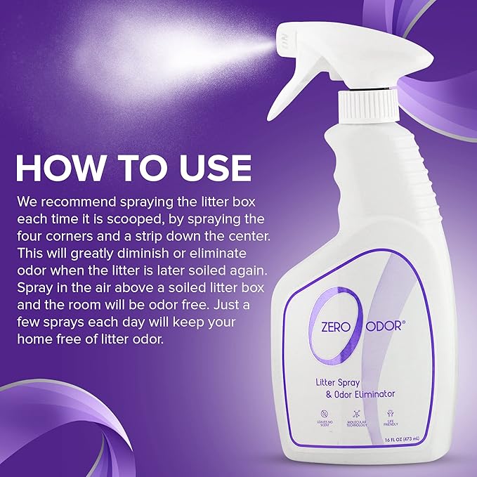 Zero Odor – Litter Odor Eliminator - Permanently Eliminate Litter Odors with Best Patented Molecular Technology - Pet Safe & Works on all types of litter, 16oz (Over 400 Sprays)