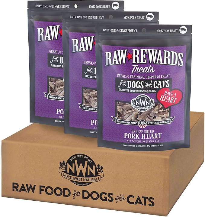 Northwest Naturals Raw Rewards Freeze-Dried Pork Heart Treats for Dogs and Cats - Bite-Sized Pieces - Healthy, 1 Ingredient, Human Grade Ingredients, All Natural, Made in USA, 10 Oz (Pack of 3)