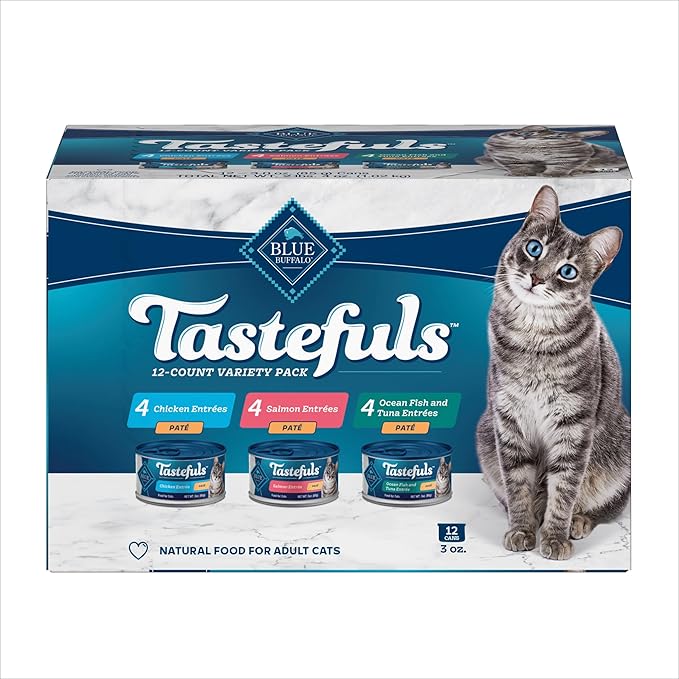 Blue Buffalo Tastefuls Natural Pate Wet Cat Food Variety Pack, Salmon, Chicken, Ocean Fish & Tuna Entrées 3-oz Cans (12 Count - 4 of Each Flavor)