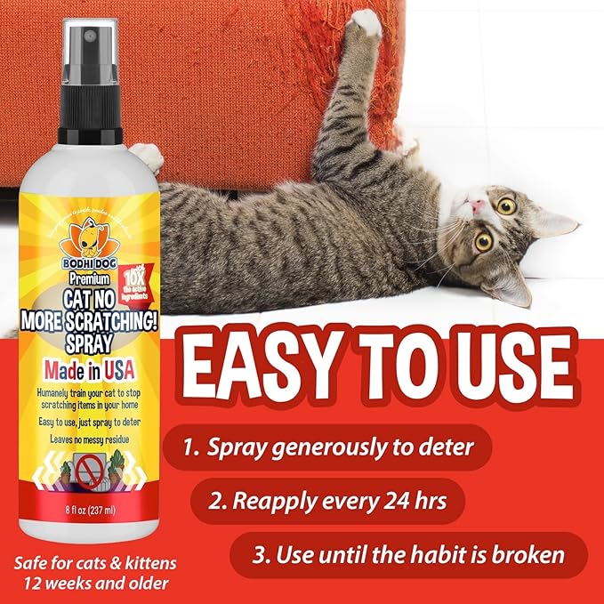 Bodhi Dog No More Scratching! Cat Deterrent Spray, Indoor & Outdoor Repellent w/Essential Oils - Safe & Effective Formula - Prevents Scratches on Furniture, Protects Surfaces - Made in USA (8 Fl Oz)