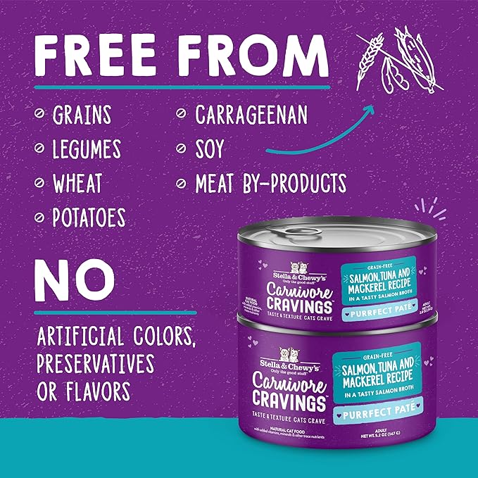 Stella & Chewy's Carnivore Cravings Purrfect Paté - Premium Grain-Free Wet Cat Food - Salmon, Tuna & Mackerel Recipe - High Protein with Bone Broth - Perfect for Picky Eaters - 2.8oz Cans (12 Pack)