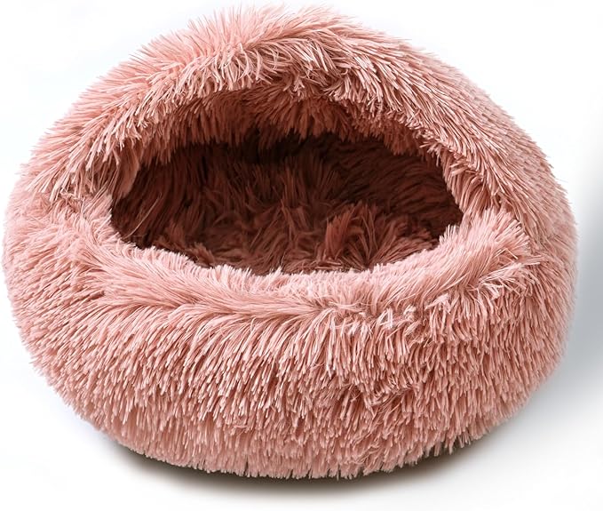 Cat Bed Calming Cat Beds,Indoor Washable Cat Bed，Anti-Slip Faux Fur Fluffy Cuddler Anxiety Cat Bed,Warming Cuddler Cushion Bed for Small Medium Dogs and Cats (Leather Pink, 20 * 20inch)