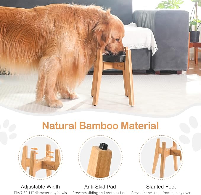 Sted Elevated Dog Bowl for Large Dogs, 100% Bamboo Single Raised Dog Bowl Stand with Adjustable Width 7.5-11 Inches, 13" Tall Dog Food Bowl and Water Bowls Stands