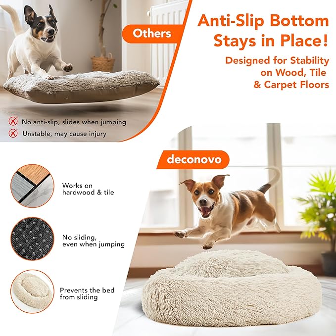 Deconovo Calming Donut Dog Bed, Washable Plush Round Pet Bed for Small Dogs & Cats with Raised Rim, Non-Slip Base and Soft Faux Fur—Lightweight, Easy-Care Design Beige 30" L x 30" W x 8" Th