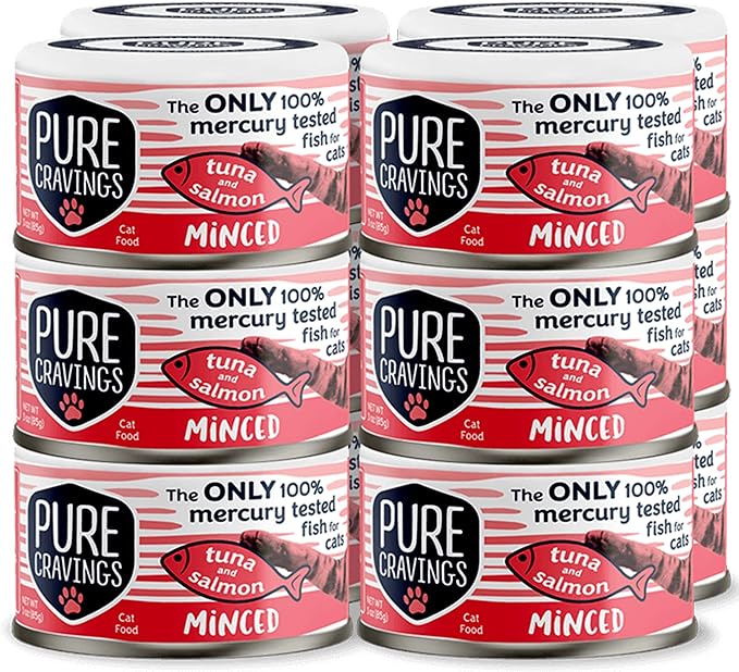 Minced Tuna and Salmon Wet Canned Cat Food, 100% Mercury-Tested, Moist Can Fish for Cats, Grain-Free, Protein, Non-GMO, 3oz, Pack of 12