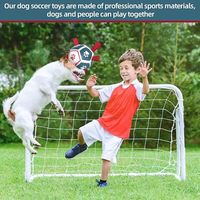 QDAN Dog Toys Soccer Ball with Straps, Outdoor Toys for Tug of War, Puppy Birthday Gifts, Dog Water Toy, Durable Balls for Small Dogs - Blue Red（5 Inch）