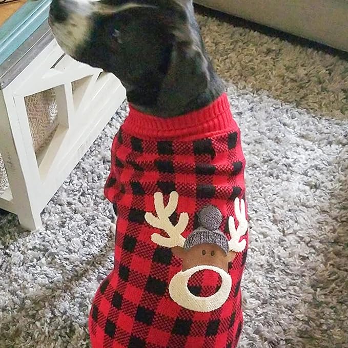 KYEESE Dog Christmas Sweater Reindeer Christmas Dog Sweater for Medium Dogs with Leash Hole Large Dogs Christmas Sweater Red Buffalo Check Pet Sweater Pet Christmas Outfit,XXL