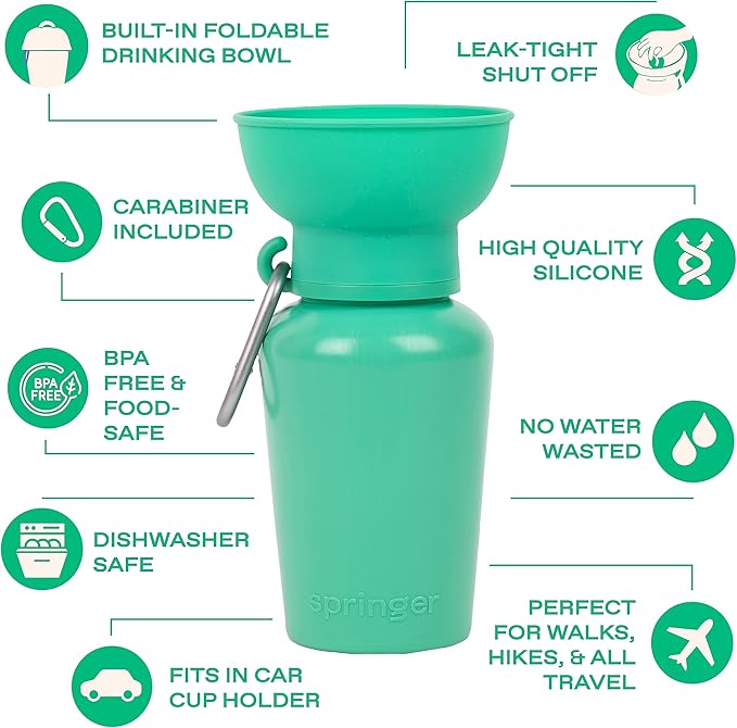 Springer Flip Portable Dog Water Bottle with Foldable Food Grade Silicone Bowl - 20 Ounce Travel Dog Water Bottle Ideal for Camping - Easy Squeeze Hydration & Release to Drain
