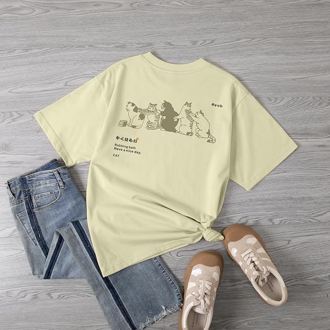 Cute Cat Graphic Tees for Women Harajuku Shirt Letter Printed Oversized T Shirts Aesthetic Casual Baggy Tshirts…