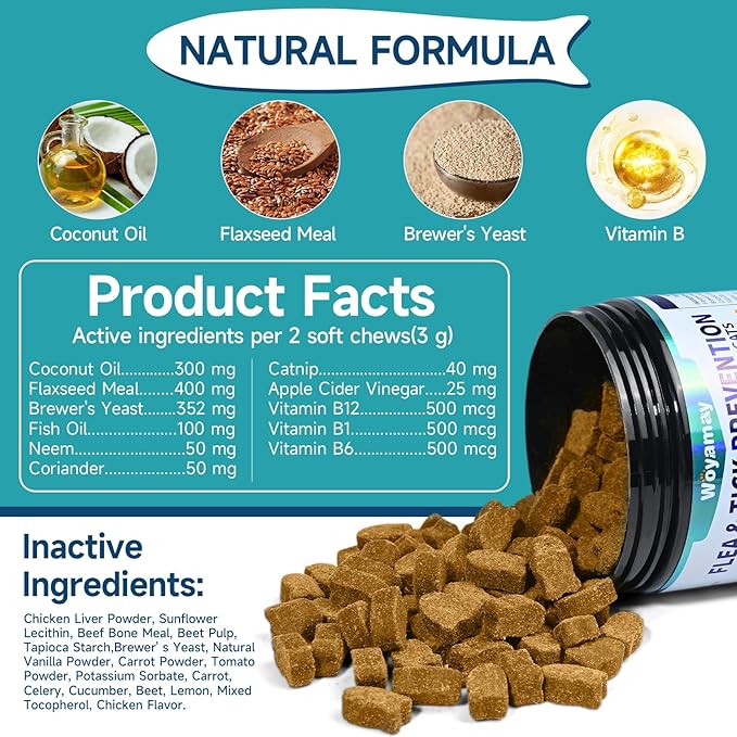 Flea Treatment for Cats, 200 Treats Flea and Tick Prevention for Cats Chewables, Natural Cat Flea and Tick Treatment Chews Daily Oral Flea Supplement, Kitten Cat Flea Treatment, Chicken Flavor