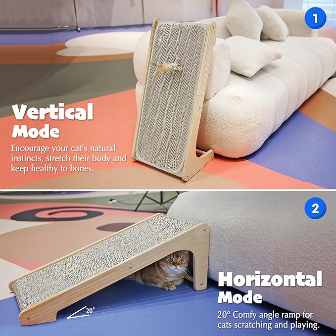 PETKARAY L Shape Cat Scratcher, Sisal Scratching Ramp, Chevron Scratching Pad for Indoor Cats, 27" Wall Furniture Protector with Mouse Toy