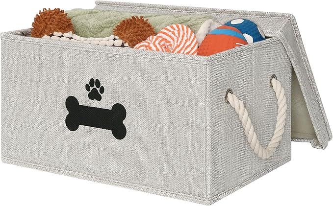 Dog Toy Basket with Lid, Dog Basket for Toys, Dog Toy Box with Cotton Rope Handles, Collapsible Storage Bins for Dog Toys, Dog Storage Organizer, Gray