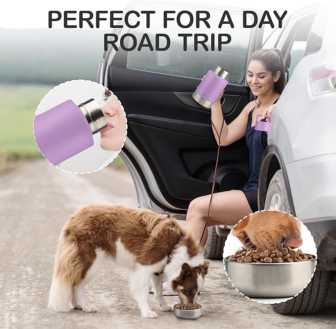 Insulated Dog Travel Water Bottle with Detachable Bowls, 3 in 1 Portable Dog Water Bottle Dispenser, Dog Accessories for Walking, Hiking, Camping, Outdoor (Lavender, 32 Oz)