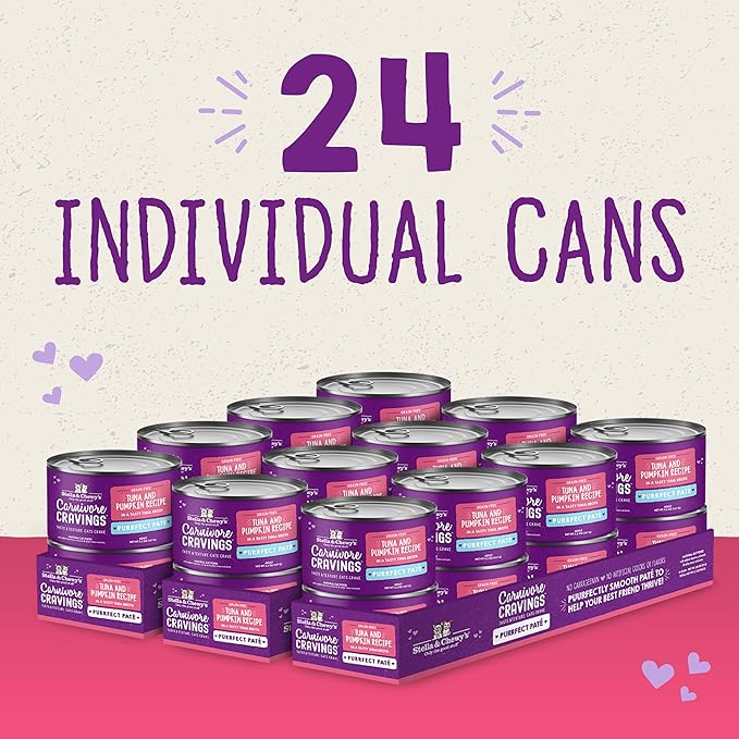 Stella & Chewy's Carnivore Cravings Purrfect Paté - Premium Grain-Free Wet Cat Food - Tuna & Pumpkin Recipe - High Protein with Bone Broth - Perfect for Picky Eaters - 2.8oz Cans (24 Pack)