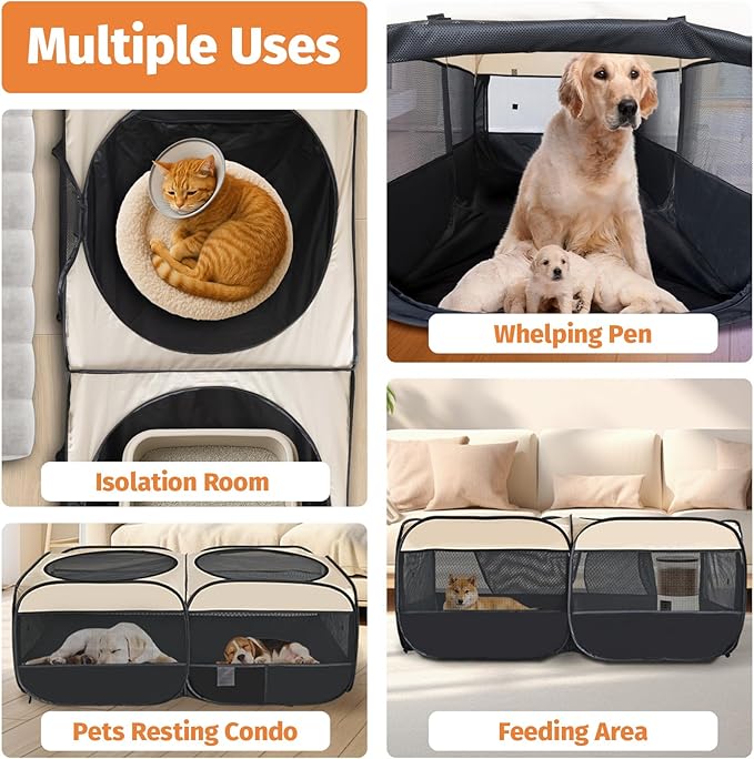 2-in-1 Dog Playpen 58''Pop Up Cat Pet Playpen, Assembly-Free Indoor Outdoor Kitten Enclosure, Kitten Pen Cat Cage Portable Puppy Tent Crates Kennel for Small Animals(No Divider, Unified Space)