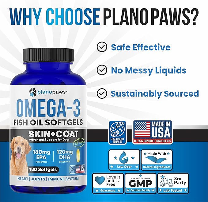 Omega 3 Fish Oil for Dogs Capsules - Salmon Oil for Dogs - Dog Fish Oil Supplement May Help Shedding, Allergy, Itching - Support Dry Skin, Joints - Dog Skin and Coat Supplement - 180 Fish Oil Pills