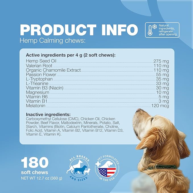 Hemp Calming Chews for Dogs - Dog Calming Treats - Anxiety Relief for Dogs with L-Theanine, Chamomile Extract, Valerian Root - Dog Anxiety Relief for Travel, Vet Visits, Thunderstorms, Nail Trimming