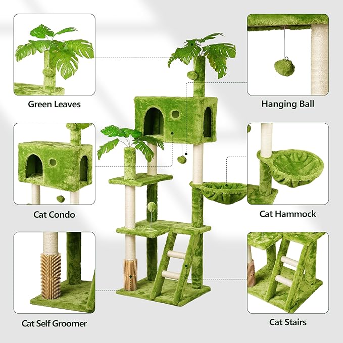 65in Tall Cat Tree with Leaves for Indoor Cats, Green Cat Tower with Scratching Post,Hanging Hammock,Cozy Perch,Swing Ball,Self Groomer and Cat Ladder,Cat Tree Tower