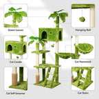 65in Tall Cat Tree with Leaves for Indoor Cats, Green Cat Tower with Scratching Post,Hanging Hammock,Cozy Perch,Swing Ball,Self Groomer and Cat Ladder,Cat Tree Tower