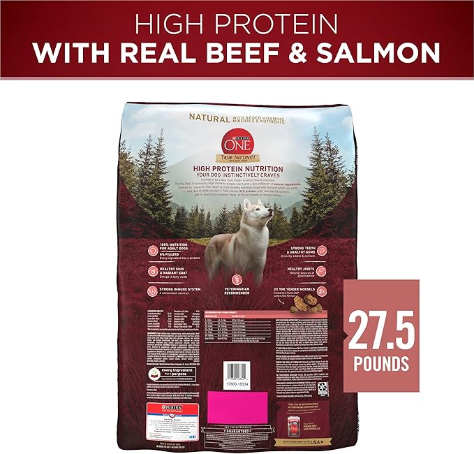 Purina ONE Natural High Protein Dry Dog Food Dry True Instinct with Real Beef and Salmon With Bone Broth and Added Vitamins, Minerals and Nutrients - 27.5 lb. Bag
