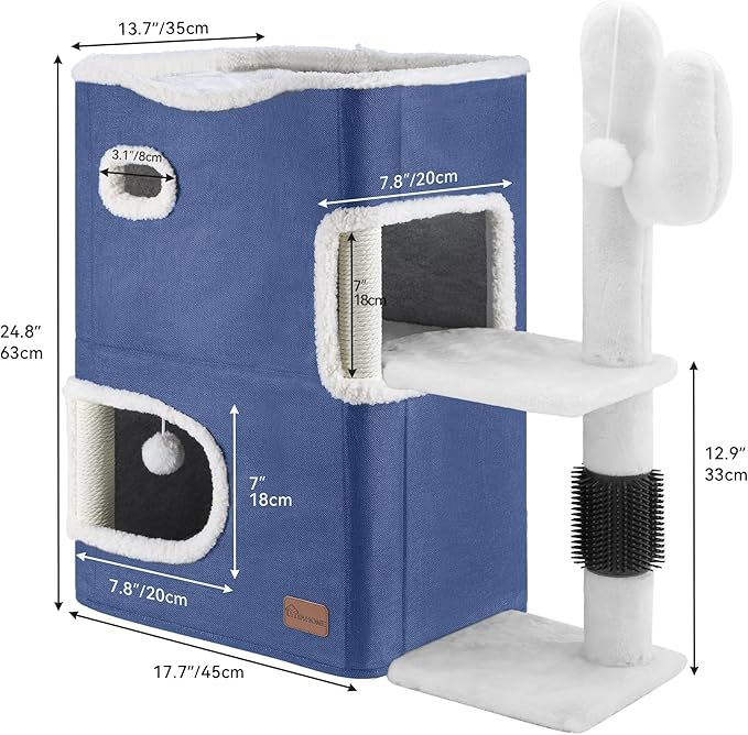 YITAHOME 2-Tier Cat House, Indoor Cat Cave Bed Playhouse, Cat Tunnels with Scratch Pad and Hideaway Cube, Cute Modern Cat Condo Furniture for Multi Small Cats, Cactus (Blue)