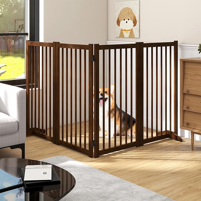 36" H Freestanding Pet Gate, Solid Wood Foldable Dog Gate with Support Feet, Wooden Tall Dog Gate for Doorway, Stairs & Indoor Use, 60" Wide Expandable Pet Fence, 4 Panels, Walnut