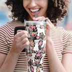 Schnauzer Gifts for Women Dog Lovers 40 oz Floral Schnauzer Tumblers with Handle and Straw, Stainless Steel Vacuum Insulated Travel Coffee Mug Cup Water Bottle