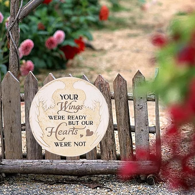 10 Inch Polyresin Memorial Garden Stone, Angel Wings Stepping Stones Outdoor, Memorial Gifts for Loss of Loved One, Décor for Homes, Lawn and Garden (Round Wings)