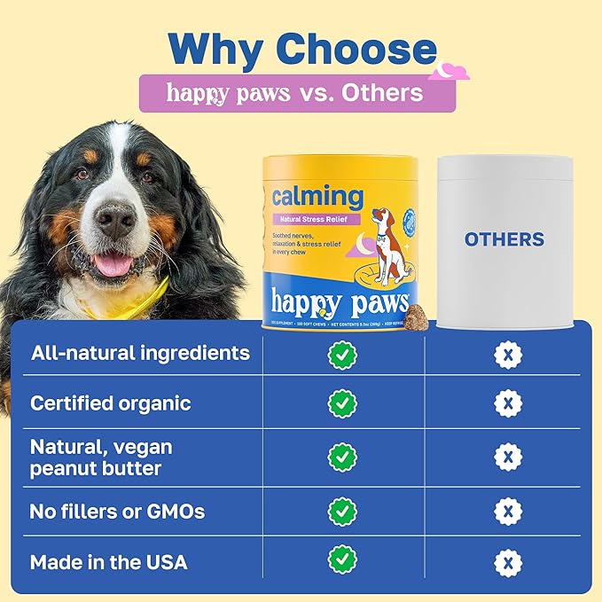 Happy Paws Calming Chews for Dogs, Soft Chews with Chamomile, Passion Flower, Valerian Root, Tryptophan & Theanine, Supports Relaxation, Balanced Behavior & Sleep, Vegan Peanut Butter Flavor 100 Count