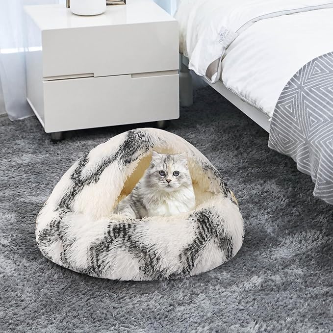 Round Hooded Cat Bed & Dog Bed with Cover Cave, Dog Bed for Small Dogs, Faux Fur Cuddler Round Coved Cat Bed Self Warming Donut Dog Bed Fits up to 5 lbs Pets (Grey White, 16inch x 16inch)