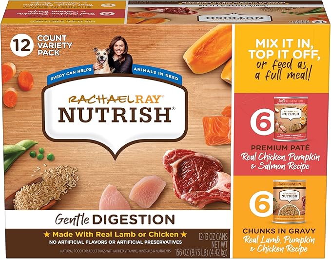 Nutrish Gentle Digestion Premium Paté and Chunks in Gravy Variety Pack Wet Dog Food, 13 oz. Can, Pack of 12 (Rachael Ray)