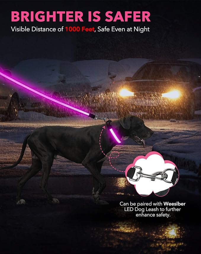 Weesiber Light Up Dog Collar, USB Rechargeable LED Dog Collar Glow in The Dark, Adjustable Reflective Waterproof Dog Collar Light for Night Walking(Pink, M)