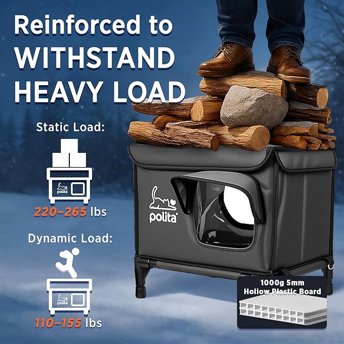 Rugged Heated Cat House for Outdoor Cats in Winter, Extremely Insulated & 100% Weatherproof, Elevated Feral Cat Shelter with Waterproof Eaves & Safe Escape Door for Stray & Barn Cats