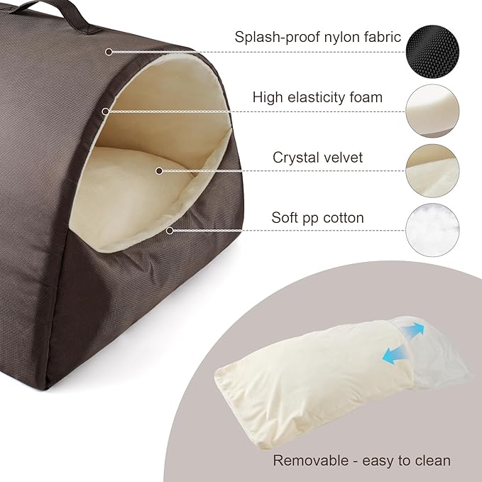 Cat Cave Bed for Kittens and Small Pets, Cat Beds for Indoor Cats, Memory Foam Cat House Tent with Removable Washable Cushioned Pillow, Cat Hideaway with Non-Slip Bottom, Coffee, Medium