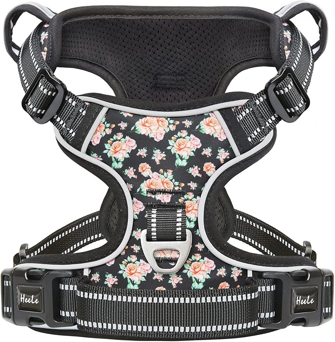 HEELE Dog Harness Harness for Small Dogs No Pull Dog Vest Harness for Small Dog with Soft Padded Handle Reflective for Outdoor Training, Flower-Black, XS