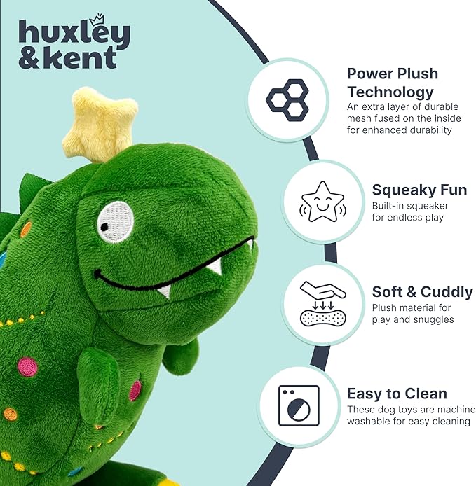 Huxley & Kent Funny Dog Toy w/Squeaker – Holiday Power Plush Squeaky Dog Toys for Small, Medium & Large Dogs – Soft Stuffed Animal for Indoor Play & Fetch - Tree Rex 2.0, Large