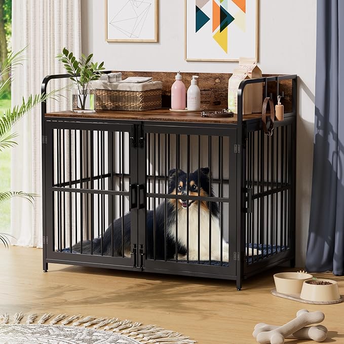 Large Dog Crate Furniture Wooden Dog Kennel Heavy Duty XL Dog Cages with Double Doors for Large/Medium Breed Indoor Dog House with Side End Table