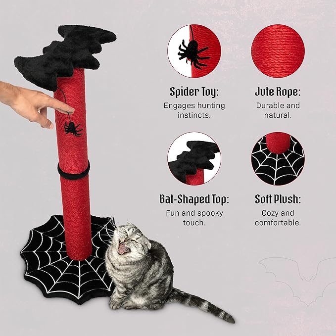 Gothic Cat Scratching Post, 34 inch with Sturdy Spider Web Floor Foundation and Bat Shaped Top with Spider Toy, Halloween Cat Scratcher, Cat Scratchers for Indoor Cats, Black and Red from Littlesy