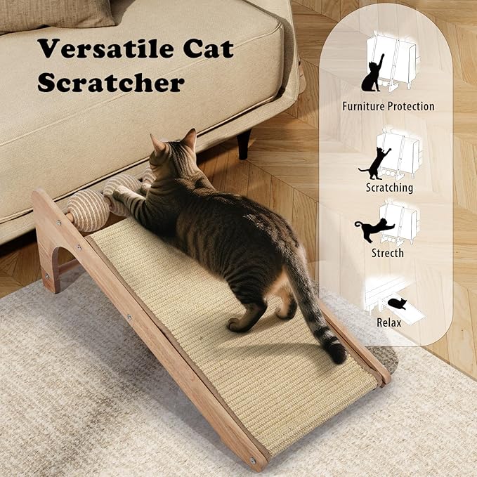 Cat Scratcher with Ball - 28 Inch Cat Scratch Ramp for Indoor,Wooden Climbing Cat Scratching Post Furniture (L with Ball)