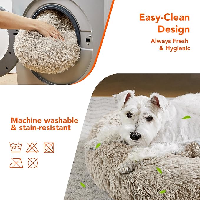 Deconovo Calming Donut Dog Bed, Washable Plush Round Pet Bed for Small Dogs & Cats with Raised Rim, Non-Slip Base and Soft Faux Fur—Lightweight, Easy-Care Design Camel 21" L x 21" W x 8" Th