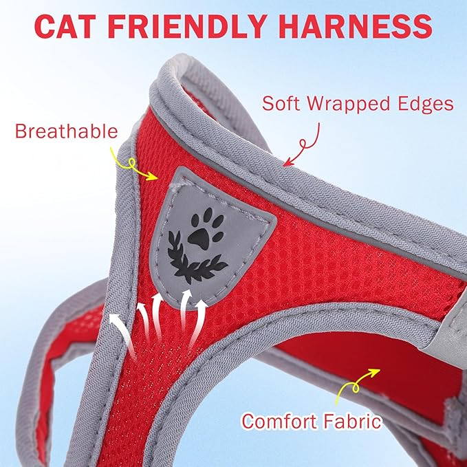 SCENEREAL Cat Harness and Leash Set Escape Proof, Adjustable Soft Air Mesh Kitten Harnesses for Girls Boys Small Medium Big Cats, Reflective Light Travel Pet Walking Vest for Puppy Rabbit, Red M