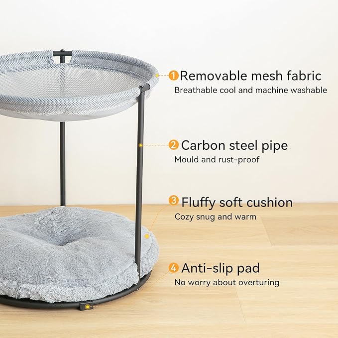 Double Cat Bed for 2 Cats Breathable Elevated Cat Beds for Indoor Cats, Round Fluffy Plush Cat Beds,18 x 16.5 x 16.5 Inch Cat Hammock Washable, Easy Assembly Cat Hammock for Multi-cat Household