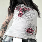 Gothic Tees for Women Y2K Grunge Graphic Short Sleeve Crew Neck T-Shirts 90s Vintage Aesthetic Emo Clothes