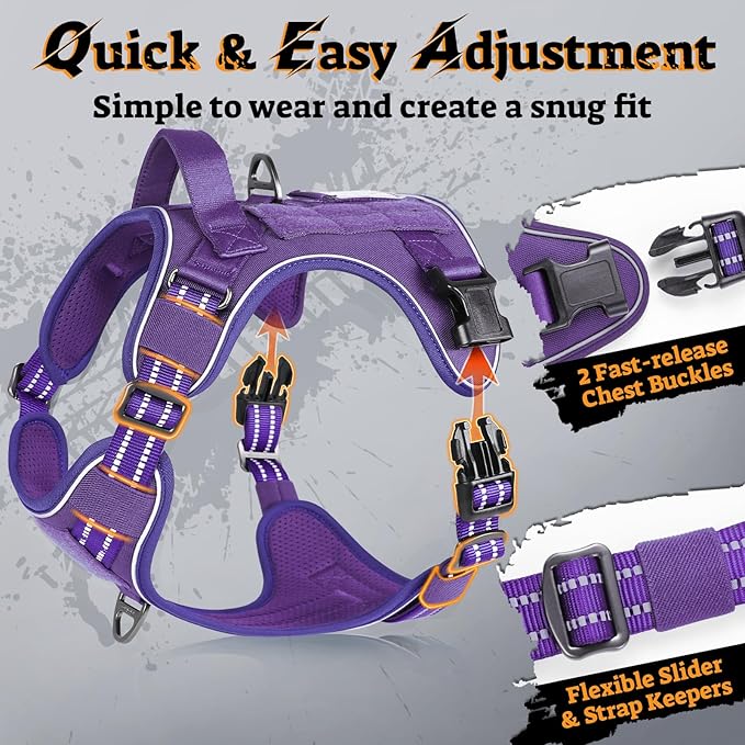 rabbitgoo Dog Harness for Large Dogs No Pull, Tactical Service Pet Vest with Molle and Control Handle, Adjustable and Reflective Military Harness for Easy Walking and Training, Purple, L