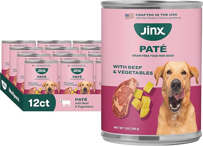 Jinx Premium Wet Dog Food Cans - Beef Pate - Grain-Free Canned Dog Food Pate & Topper with Real Ingredients & No Fillers - All Life Stages, Breeds & Sizes - 12-Pack, 13 Oz