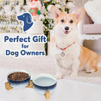 YOBRO Elegant Dog Bowls Set for Medium Dogs, Beautiful Ceramic Stone Alike Style, Pet Bowl Set with Wooden Stand, Non-Slip, Modern Food or Water Breeds Dishs, Gifts for Dog Owners, Blue