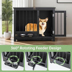 Dog Crate - 31.5" Wooden Dog Cage with Removable Tray & 360° Rotating Feeder | Decorative Dog Kennel Furniture Indoor | Multi-Functional End Table for Medium & Small Dogs | Black Portable Pet Crate